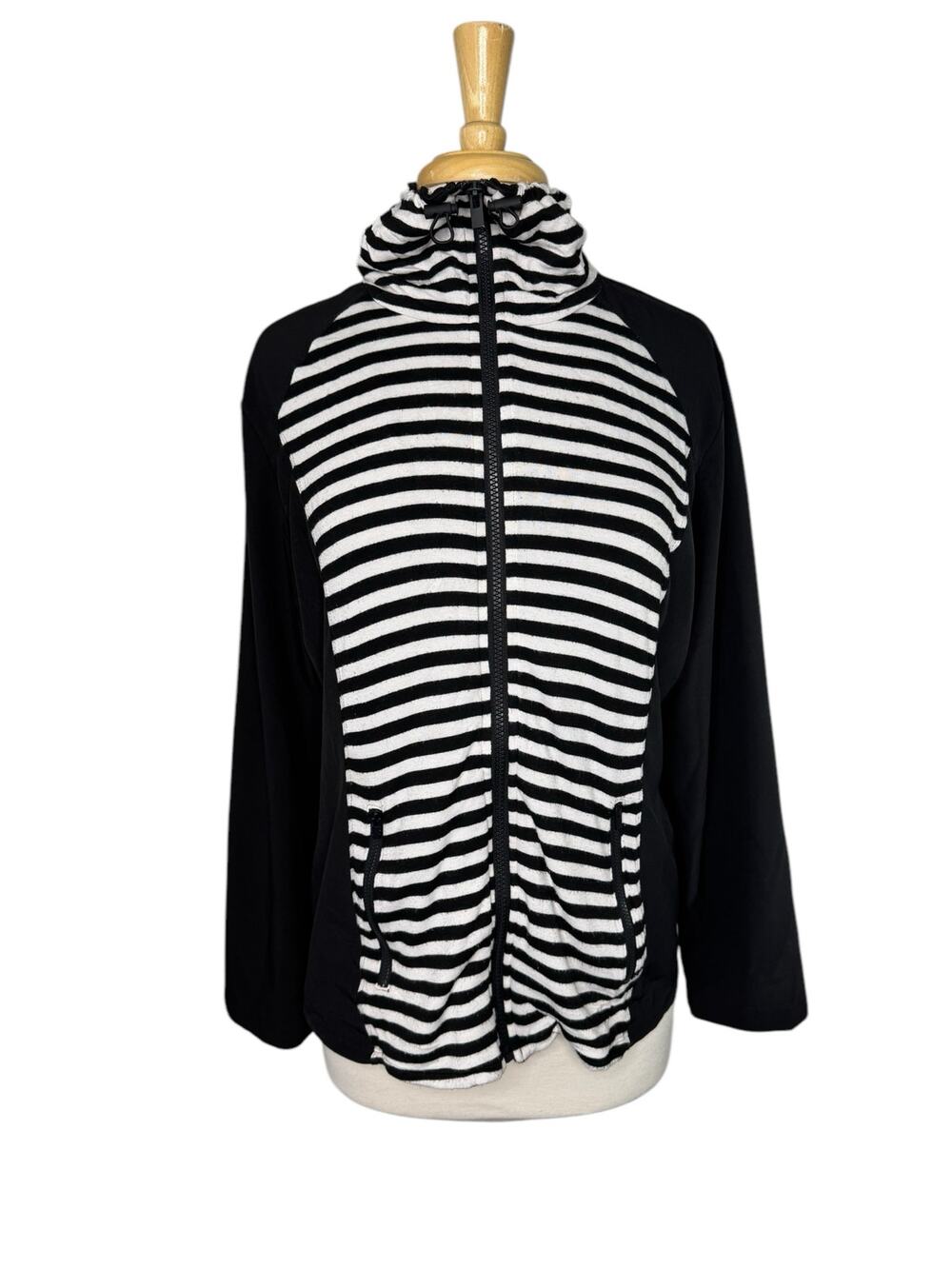 CHICOS Zenergy Terry Knit Full Zip Jacket Black & White Stripe Sz 2 Large Womens